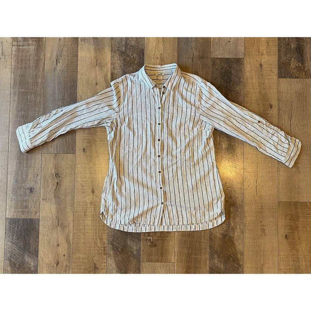 Duluth Trading Women's L Artisan Hemp Overshirt Striped Button Up Lead